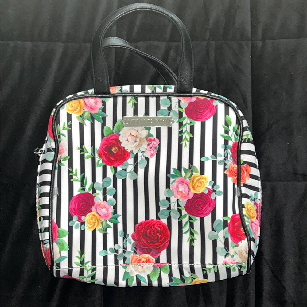 Betsey Johnson Black and White Cosmetic Bag with Floral Accents